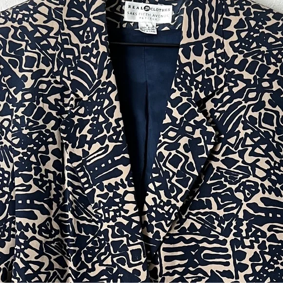 Vintage Saks Fifth Avenue Petites Real Clothes Silk Blazer Navy Tan Abst… - Picture 2 of 8
